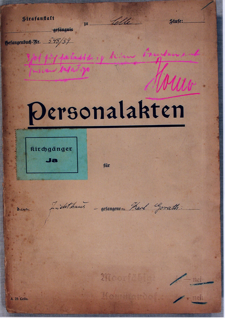Abbildung 1: Deckblatt der Haftakte aus dem Zuchthaus Celle vom 1.03.1940: In rosa Schrift findet sich der Vermerk "Homo." auf dem Aktendeckel.