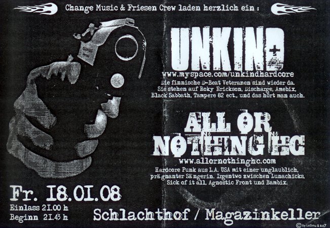 ALL OR NOTHING, UNKIND (Beide US-HC/Punk) - Kooperation von Change Music und Friesencrew, Schlachthof Magazinkeller, Bremen, Findorffstr. 51, 21.00 h.