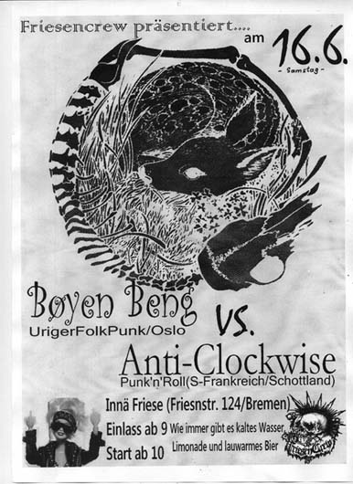 BOYEN BENG (Nor), ANTI-CLOCKWISE (Scot), JUZ Friese in der Friesenstraße 124, by Friesencrew, 21:00 h.